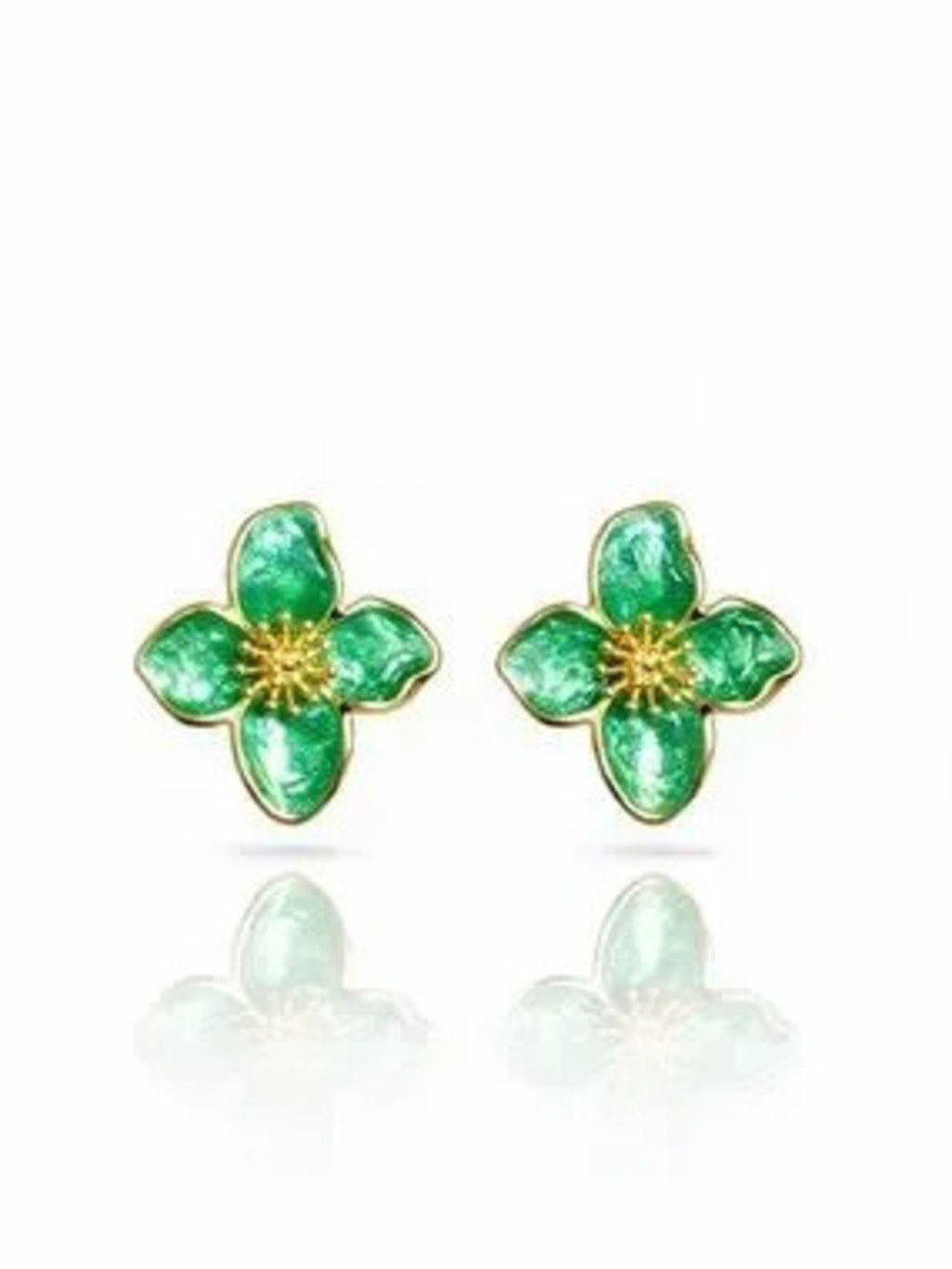 Gold-Tone Green Flower Stud Earrings